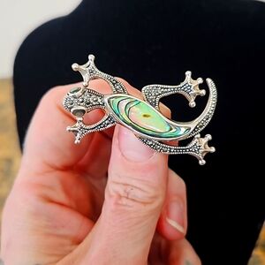 Adorable sterling, abalone shell, and marcasite lizard brooch
